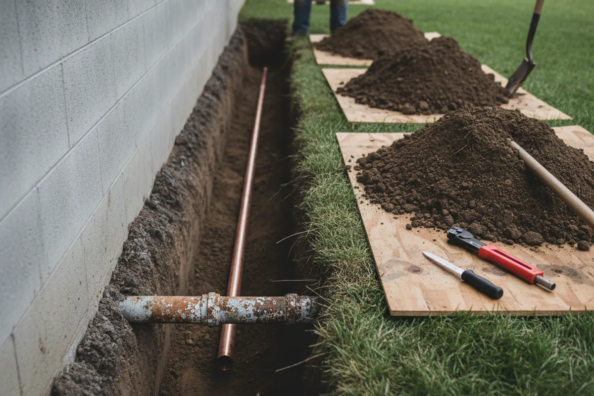 Excavated water line trench during Sewer Line Repair in Cecilia